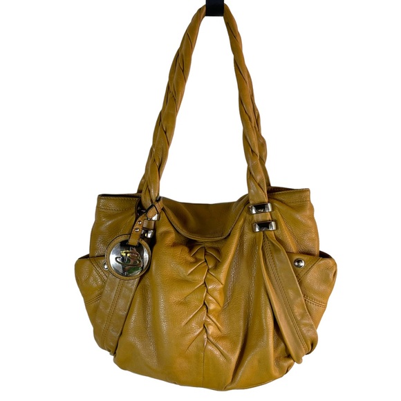 B. Makowsky Camel Leather Hobo w/ Braided Handle Magnetic Closure Leopard Lining - Picture 2 of 15